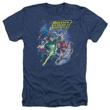 Navy men's heather t-shirt with Justice League Onward graphic