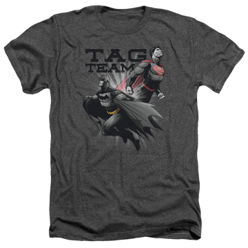 Charcoal men's heather t-shirt with Justice League Tag Team graphic