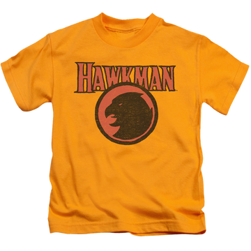 Gold kid's t-shirt for ages 4 to 7 with Hawkman Rough Hawk graphic