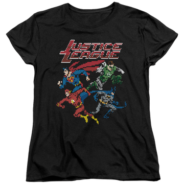 Black women's t-shirt with Justice League Pixel League graphic