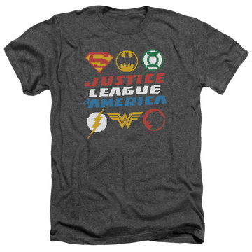 Charcoal men's heather t-shirt with Justice League Pixel Logos graphic