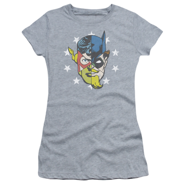 Athletic heather juniors t-shirt with Justice League Face Off graphic