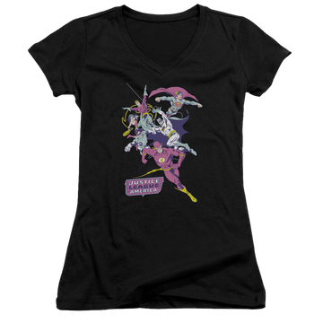 Black juniors v-neck t-shirt with Justice League Colorful League graphic