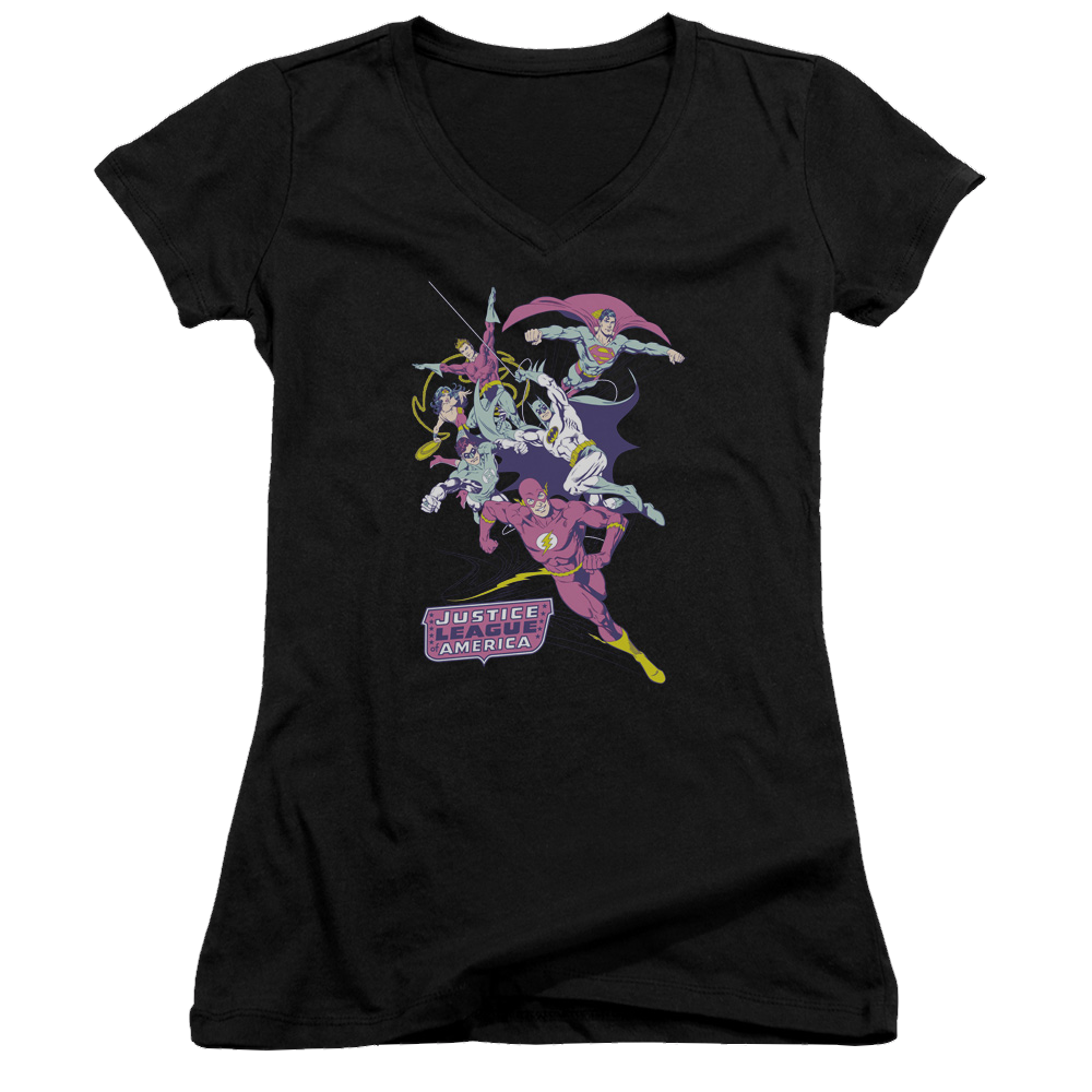 Justice League Colorful League Juniors V-Neck T-Shirt Juniors V-Neck T-Shirt Justice League