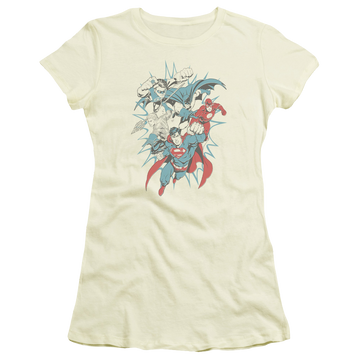 Cream juniors t-shirt with Justice League Pop Group graphic