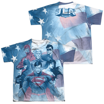Justice League United youth all-over print t-shirt for ages 8 to 12