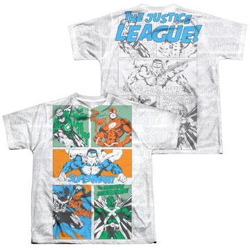 Justice League Justice Panels youth all-over print t-shirt for ages 8 to 12