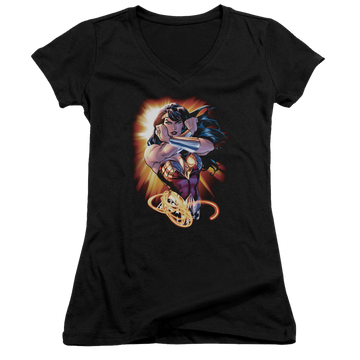 Black juniors v-neck t-shirt with Wonder Woman Justice League Wonder Rays graphic