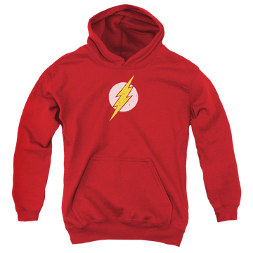 Red youth hoodie for ages 8 to 12 with The Flash Rough Flash graphic
