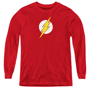 Red youth long sleeve t-shirt with The Flash Rough Flash graphic