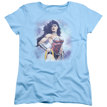 Light blue women's t-shirt with Wonder Woman Justice League Warrior graphic
