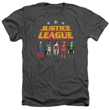 Charcoal men's heather t-shirt with Justice League Standing Below graphic