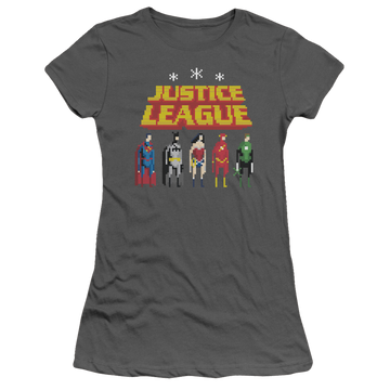 Charcoal juniors t-shirt with Justice League Standing Below graphic