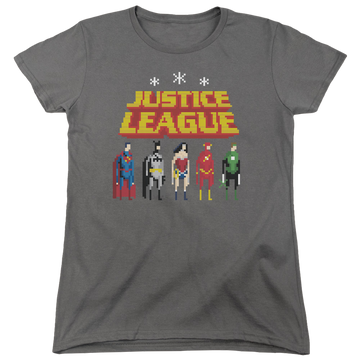 Charcoal women's t-shirt with Justice League Standing Below graphic