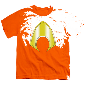 Orange youth t-shirt for ages 8 to 12 with Aquaman Logo graphic