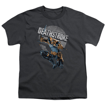 Charcoal youth t-shirt for ages 8 to 12 with Deathstroke Retro graphic