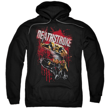 Black pullover hoodie with Deathstroke Blood Splattered graphic
