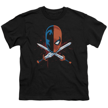 Black youth t-shirt for ages 8 to 12 with Deathstroke Crossed Swords graphic