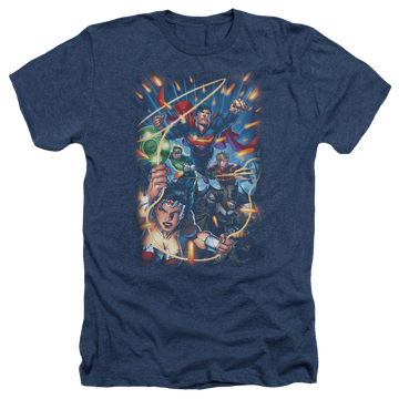 Navy men's heather t-shirt with Justice League Under Attack graphic