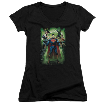 Black juniors v-neck t-shirt with Justice League Power Burst graphic