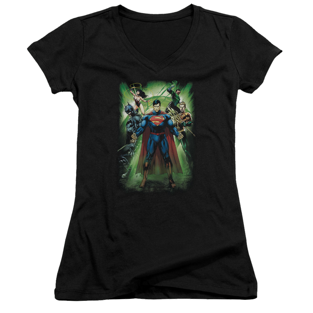 Justice League Power Burst Juniors V-Neck T-Shirt Juniors V-Neck T-Shirt Justice League