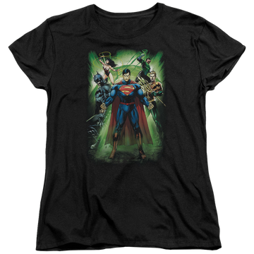 Black women's t-shirt with Justice League Power Burst graphic