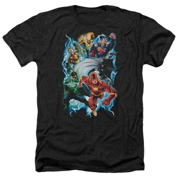 Charcoal men's heather t-shirt with Justice League Electric Team graphic