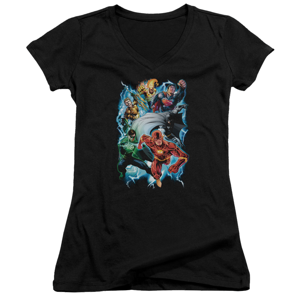 Justice League Electric Team Juniors V-Neck T-Shirt Juniors V-Neck T-Shirt Justice League