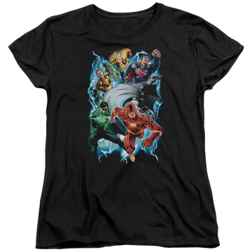 Black women's t-shirt with Justice League Electric Team graphic