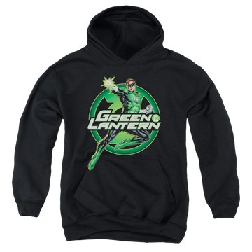 Black youth hoodie for ages 8 to 12 with Green Lantern Lantern Glow graphic