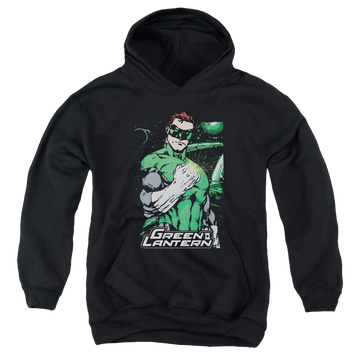 Black youth hoodie for ages 8 to 12 with Green Lantern Fist Flare graphic