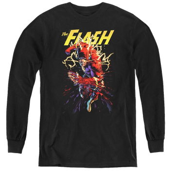 Black youth long sleeve t-shirt with The Flash Ripping Apart graphic