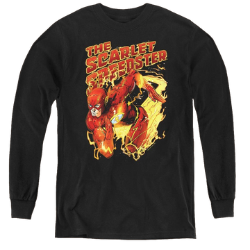 Black youth long sleeve t-shirt with The Flash Scarlet Speedster graphic