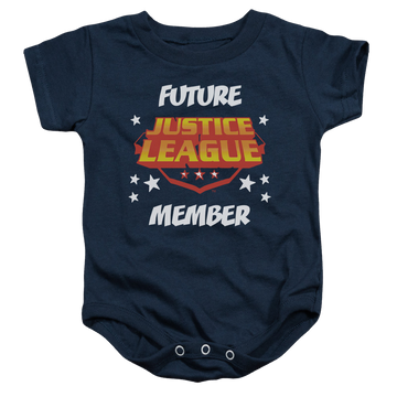 Navy baby bodysuit with Justice League Future Member graphic
