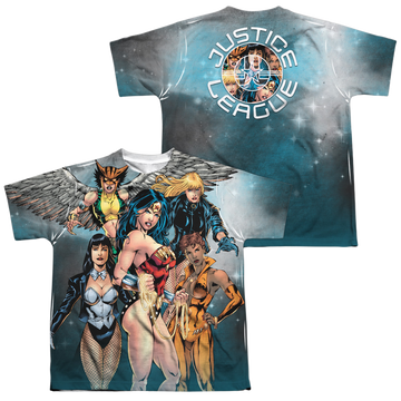Justice League Gals Night Out youth all-over print t-shirt for ages 8 to 12