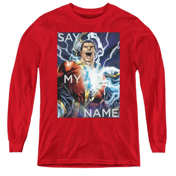 Red youth long sleeve t-shirt with Shazam Say My Name graphic