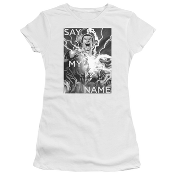 White juniors t-shirt with Shazam Justice League Say My Name graphic