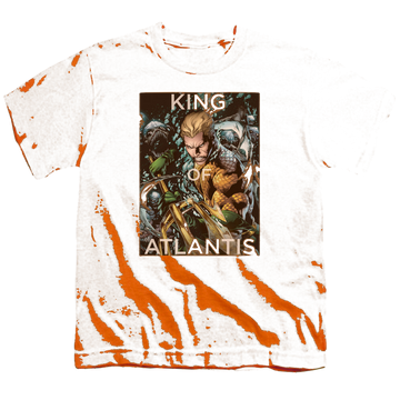 Orange youth t-shirt for ages 8 to 12 with Aquaman King Of Atlantis graphic
