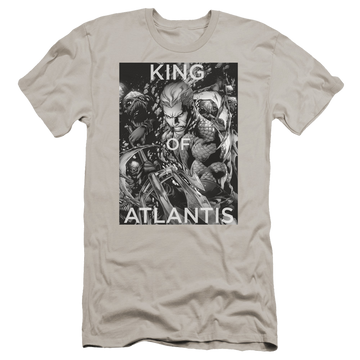 Silver men's premium slim fit t-shirt with Aquaman King Of Atlantis graphic