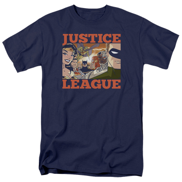 Navy men's regular fit t-shirt with Justice League New Dawn Group graphic