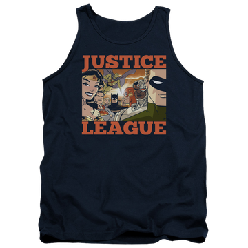 Navy men's tank with Justice League New Dawn Group graphic
