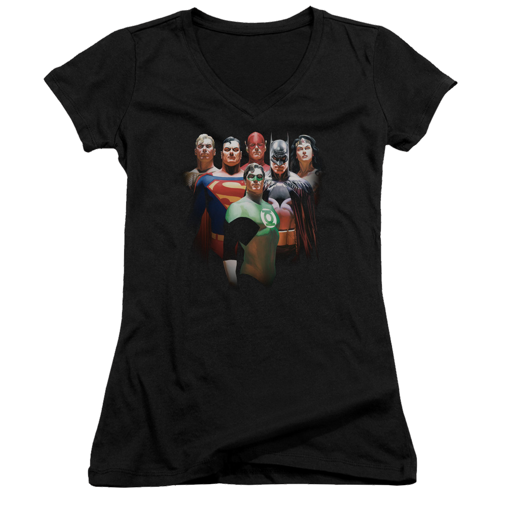 Justice League Roll Call Juniors V-Neck T-Shirt Juniors V-Neck T-Shirt Justice League
