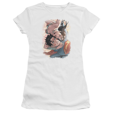 White juniors t-shirt with Justice League Love Birds graphic