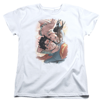 White women's t-shirt with Justice League Love Birds graphic