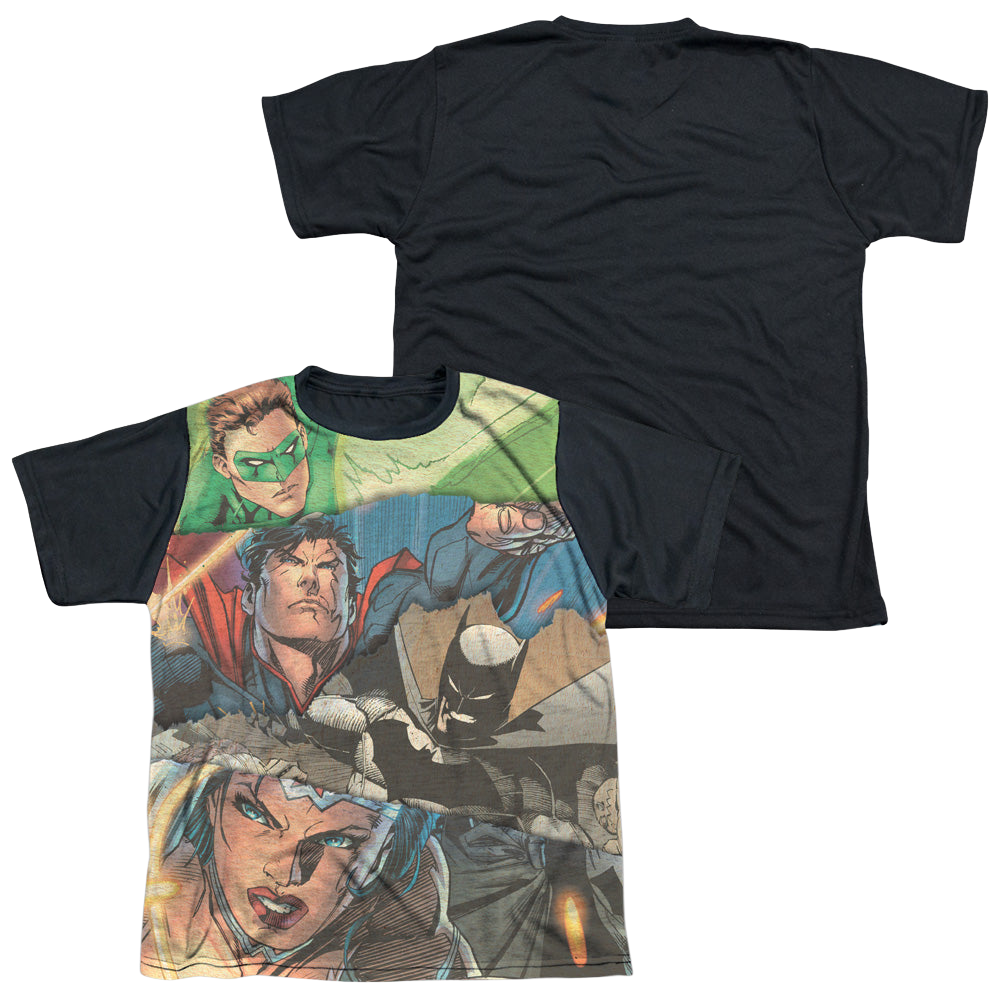Justice League Torn - Youth Black Back T-Shirt Youth Black Back T-Shirt (Ages 8-12) Justice League