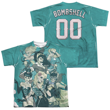 Justice League Bombshell Group youth all-over print t-shirt for ages 8 to 12