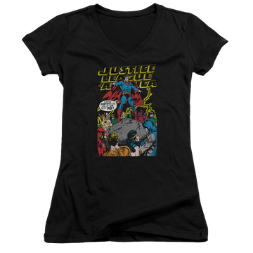 Black juniors v-neck t-shirt with Justice League Ultimate Scarifice graphic