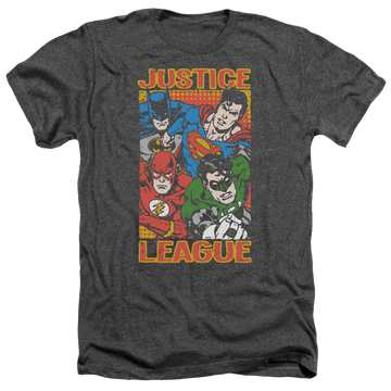 Charcoal men's heather t-shirt with Justice League Hero Mashup graphic