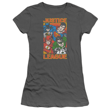 Charcoal juniors t-shirt with Justice League Hero Mashup graphic
