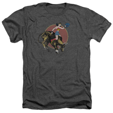 Charcoal men's heather t-shirt with Wonder Woman Justice League Bull Rider graphic
